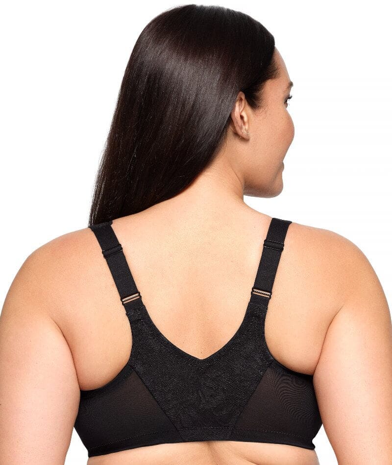 Glamorise Lacey T-Back Front-Closure WonderWire Bra - Solid Black Bras